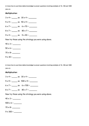  multiplying Multiples Of 10 And 100 Worksheets Teaching Resources