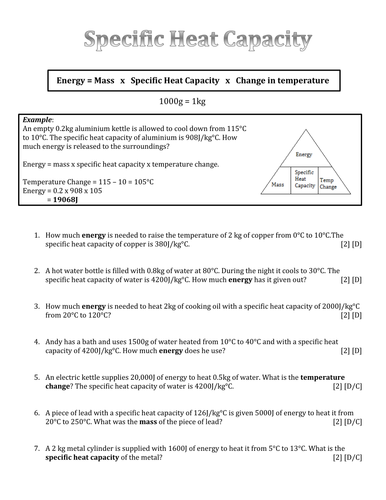 Differentiated Specific Heat Capacity Calculation Questions | Teaching