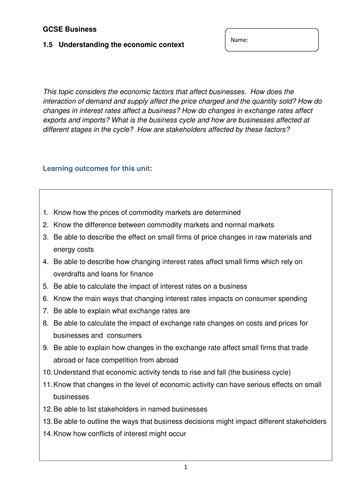 Booklets for Edexcel GCSE Business Studies unit 1 Introduction to small ...