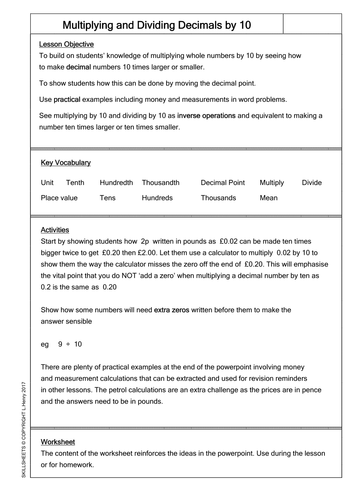 Multiplying and Dividing Decimals by 10 | Teaching Resources