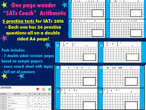 SATs Revision Practice Tests - Arithmetic - KS2 Maths -  "One Page Wonder!"