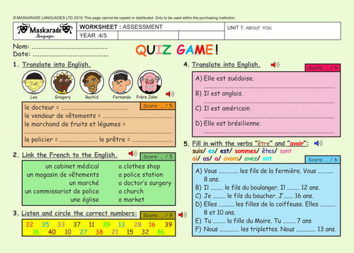 FRENCH ABOUT YOU ASSESSMENT Quiz Test Key Stage 2 Year 5 6 Teaching Resources