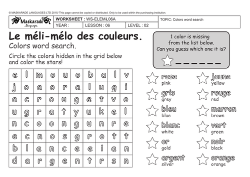 french 3rd 4th grade at school colors les couleurs colors word search teaching resources