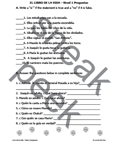 El libro de la vida Video Companion Worksheets and Activities Packet