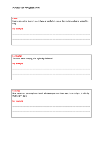Punctuation for effect cards | Teaching Resources