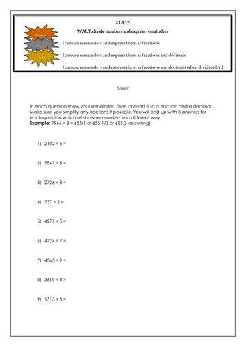 Division (Remainders As Fractions And Decimals)- Differentiated | Teaching Resources