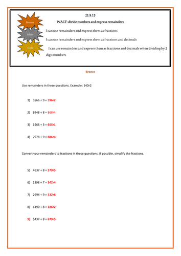 Division (Remainders As Fractions And Decimals)- Differentiated | Teaching Resources