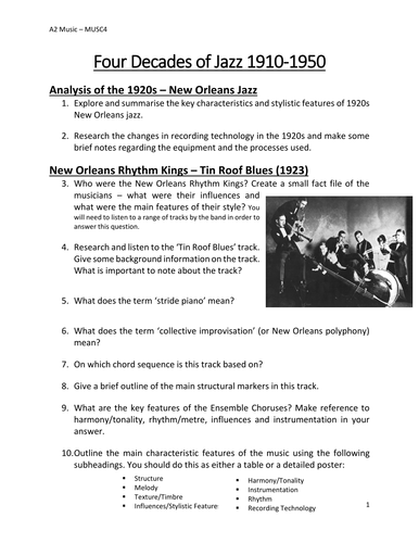 four decades of jazz 1910 1950 tasks worksheets teaching resources