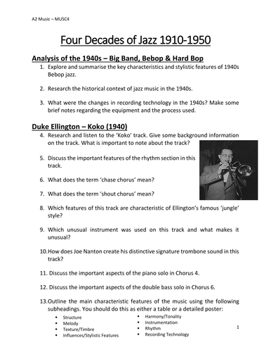 four decades of jazz 1910 1950 tasks worksheets teaching resources