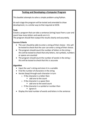 Showing program development through testing - Python | Teaching Resources