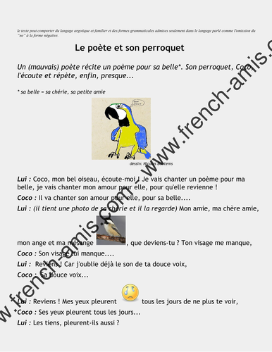 French Adjectifs Possessifs French Story Le Poete Et Son Perroquet Teaching Resources