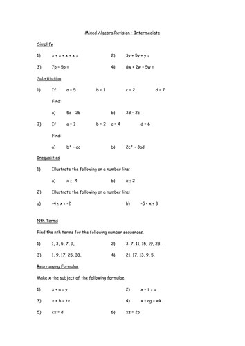 Mixed Algebra Revision | Teaching Resources