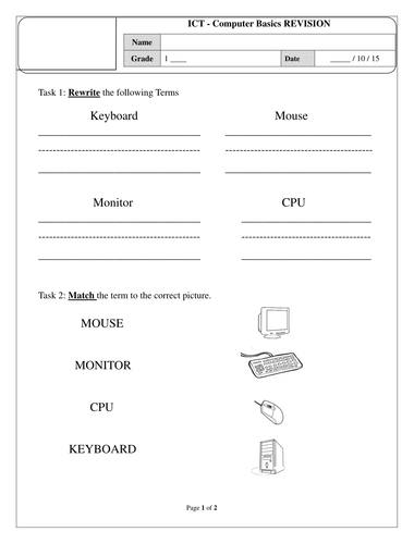 parts of a computer worksheet teaching resources