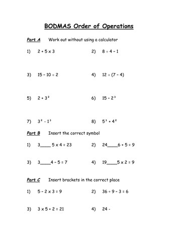bodmas homework teaching resources