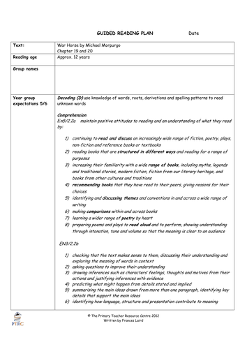 War Horse Guided Reading Plans | Teaching Resources