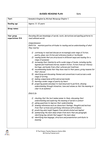 Kensuke's Kingdom Guided Reading Plans