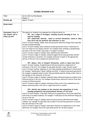 Carrie's War Guided Reading Plans