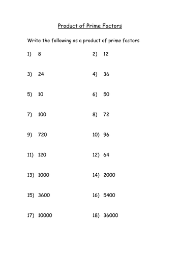 Product Of Prime Factors Extended Homework Teaching Resources