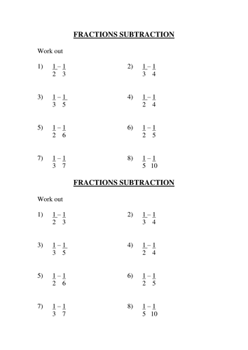 Simple Different Denominator Fraction Subtraction Homework | Teaching ...