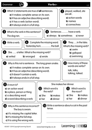 Verbs Worksheet Ks2 Tes