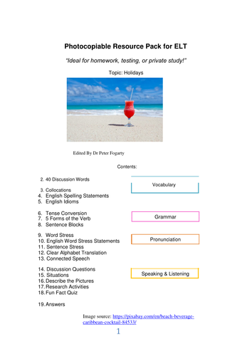 ESL Holidays - Photocopiable Resource Pack for ELT - Ideal for homework, testing, or private study