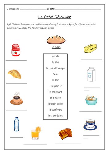 FRENCH - Breakfast - Le Petit Déjeuner - Worksheets