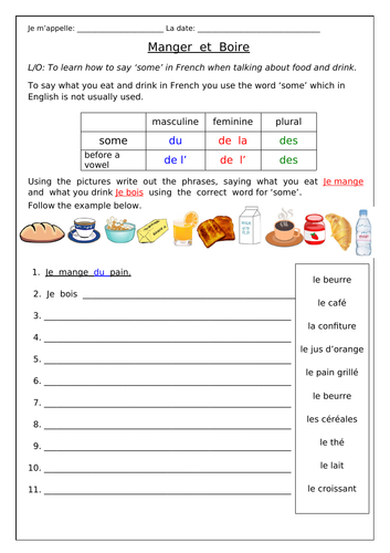 french breakfast worksheet