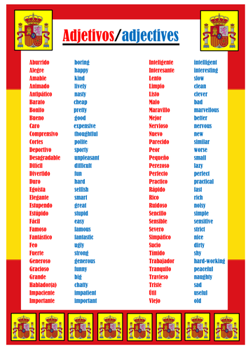 Spanish Adjectives Teaching Resources