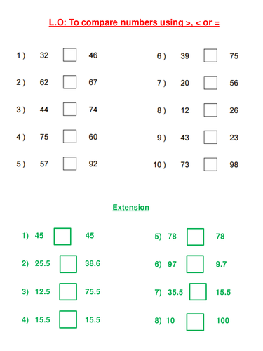 Comparing numbers up to 100 = | Teaching Resources