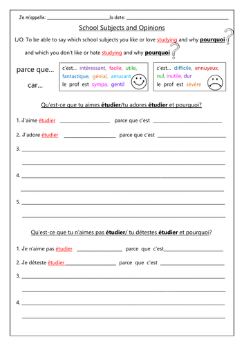 FRENCH - School Subjects and Opinions - Worksheets