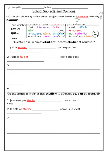 FRENCH - School Subjects and Opinions - Worksheets