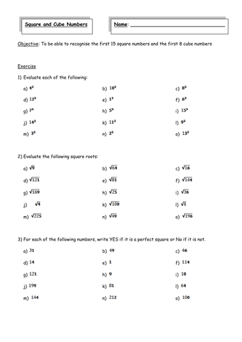 Square And Cube Numbers Worksheet Year 7