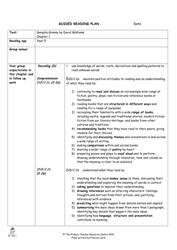 Gangsta Granny Guided Reading Plans