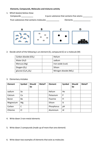 Printables Elements Compounds Mixtures Worksheet states of matter worksheets elementscompoundsmolecules and mixtures 4 activities by drogchem teaching resources tes