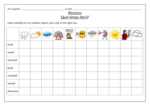 FRENCH - Quel temps fait-il?  Revision - tick box report - Worksheet