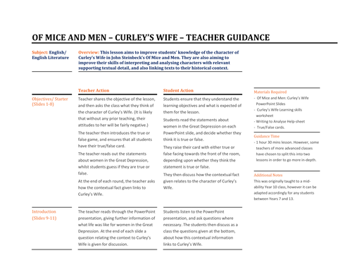 Of Mice and Men - Characterisation of Curley's Wife | Teaching Resources