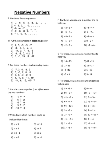 Negative Numbers Worksheet Teaching Resources