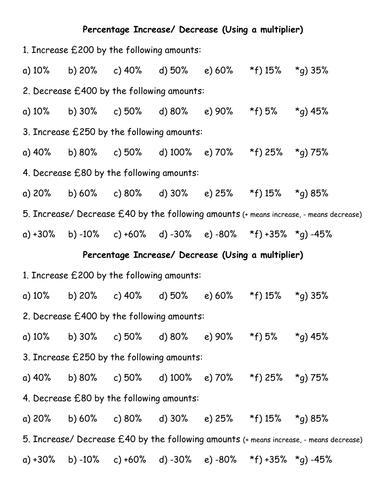 Percentage increase and decrease using a multiplier - Fill in the