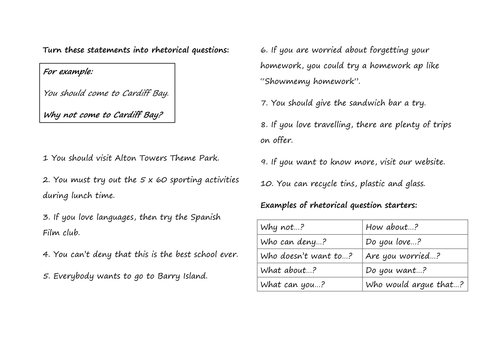 Turn These Statements Into Rhetorical Questions And Material For Writing An Information Leaflet Teaching Resources