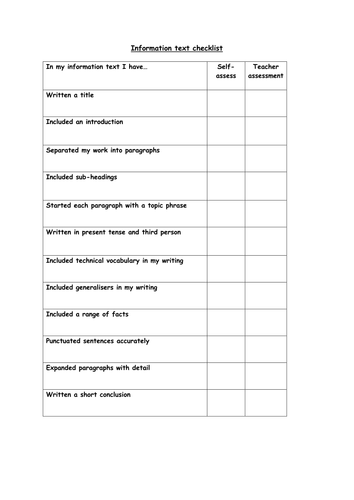 Information text checklist | Teaching Resources