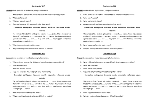 Summary questions for a lesson or topic on continental drift and plate tectonics