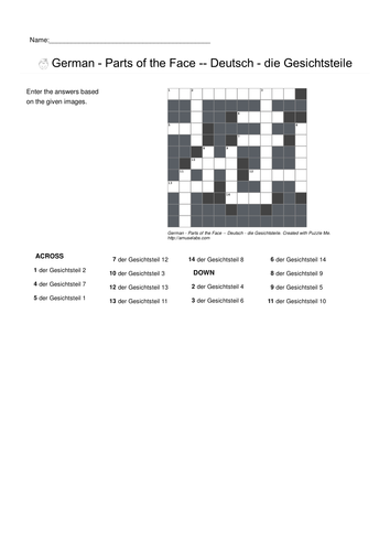 German Vocabulary - Health, Parts of the Face and Body Crossword