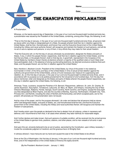 essay questions emancipation proclamation