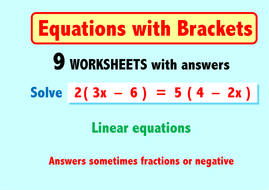 Equations with Brackets - 9 worksheets by Skillsheets | Teaching Resources