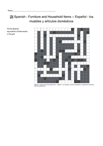 Spanish Vocabulary House And Rooms Furniture Crossword Puzzles 