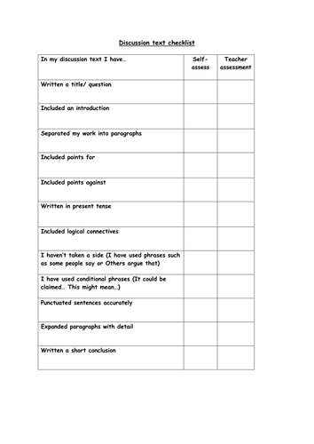 Discussion text checklist