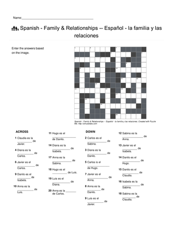 Spanish Vocabulary Family Greetings Emotions Crossword Puzzles Teaching Resources