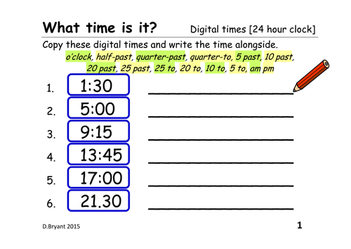 Telling the time from a digital clock [12 hour clock and 24 hour clock