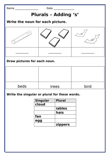 write singular nouns into plural nouns spellings and vice