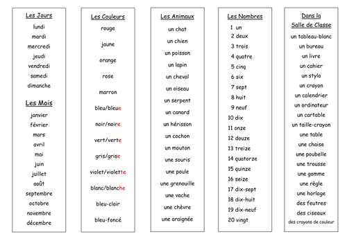 FRENCH - Bookmarks with vocabulary | Teaching Resources